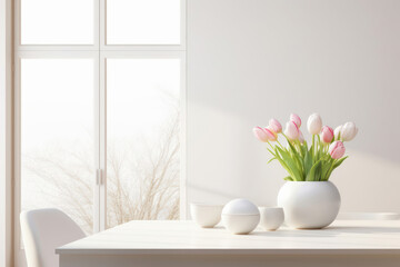 Pink tulips in a vase on the windowsill, spring concept.