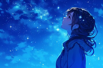 Digital Art Of An Anime Girl Mesmerized By The Starry Night Sky