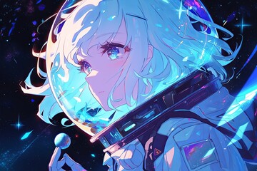 Dreamy Anime Girl Gazes At The Night Sky, Surrounded By Futuristic Space Vibes