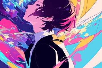 Naklejka premium Handsome Anime Boy In Profile On Colorful Background