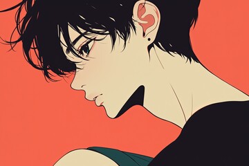 Handsome Anime Boy In Profile On Coral Color Background