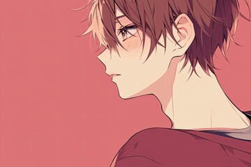 Handsome Anime Boy In Profile On Dusty Rose Color Background