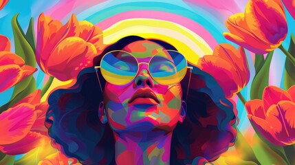 Colorful Pop art abstract illustration of a girl in the glasses meditating among tulips, retro style