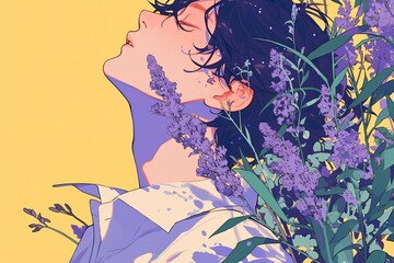 Handsome Anime Boy In Profile On Lavender Color Background