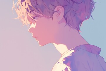 Handsome Anime Boy In Profile On Pale Purple Color Background