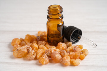 Frankincense or olibanum aromatic resin isolated on white background used in incense and perfumes.