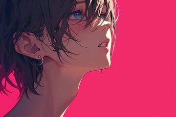 Handsome Anime Boy In Profile On Pink Background