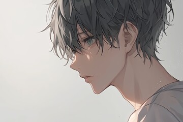 Naklejka premium Handsome Anime Boy In Profile On Silver Background