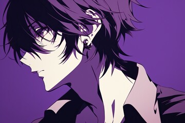 Handsome Anime Boy In Profile On Purple Background