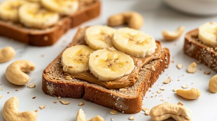 Toast with nut butter, banana slices and cashews on white table, closeup
