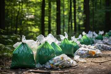 Garbage bags in the forest. Clean planet concept. Generated by artificial intelligence
