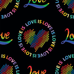 Seamless vector lgbt pattern with rainbow,and slogan. Gay pride flag colored illustration. Trendy stylish texture. Repeating colorful tile, artwork for print and textiles.
