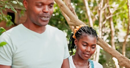 Walking, garden and black couple with conversation, smile and love with romance and sunshine. Backyard, man and woman with nature and summer with weekend break and discussion with support and trust