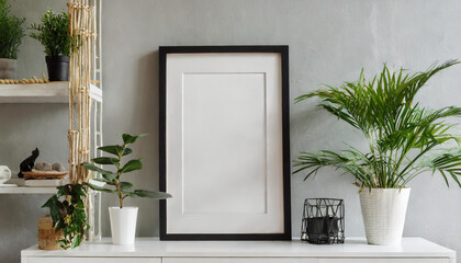Black frame leaning on white shelve in bright interior with plants and decorations mockup 3D...