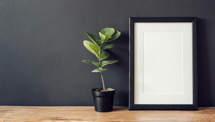 Black frame leaning on white shelve in bright interior with plants and decorations mockup 3D rendering