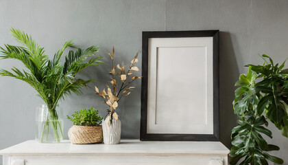 Black frame leaning on white shelve in bright interior with plants and decorations mockup 3D rendering - obrazy, fototapety, plakaty