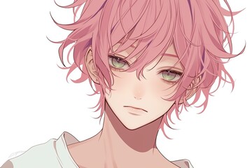 Handsome Anime Boy With Dusty Rose Color Hair On White Background