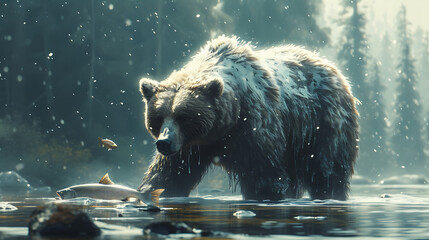 a bear feeding on salmon in a river  forest background