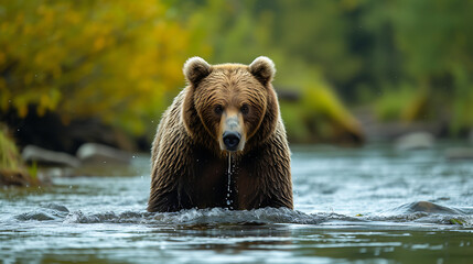 a bear feeding on salmon in a river  forest background - obrazy, fototapety, plakaty