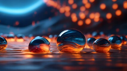 3d render, abstract background with blue and orange marble balls. AI Generated