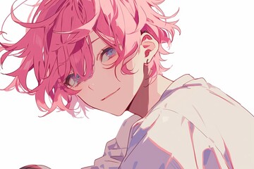 Handsome Anime Boy With Pastel Pink Color Hair On White Background