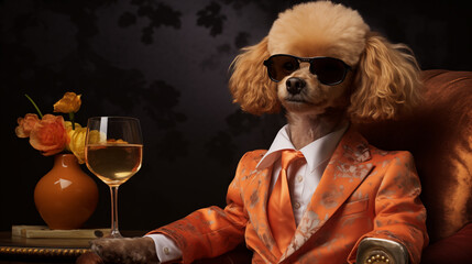 Portrait of toy poodle living his best life. Dog boss sits in a chair drinking a glass of wine - obrazy, fototapety, plakaty