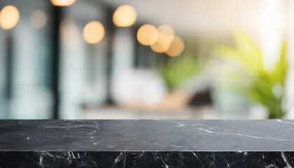 Black stone table top and blurred bokeh office interior space background - can used for display or...