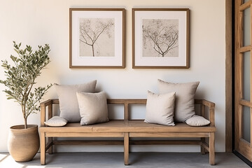 Wooden sofa on the wall with a picture, a plant in a modern living room.