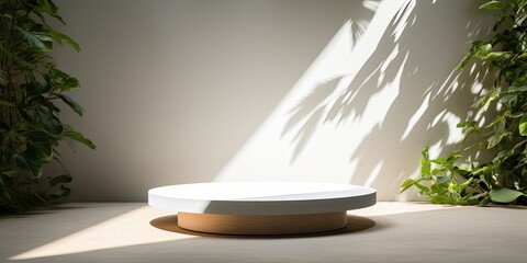 Empty white table for presentations, with sunlight and leaf shadows, and an empty podium stage.