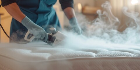 Cleaning and disinfection of the mattress in the bedroom with hot steam. Professional cleaning process