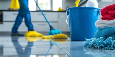 A bucket or basket with cleaning products for washing or cleaning the house.