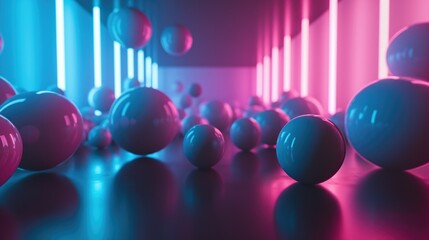 A corridor of spheres illuminated by neon lights, offering a modern and artistic ambiance. AI Generative
