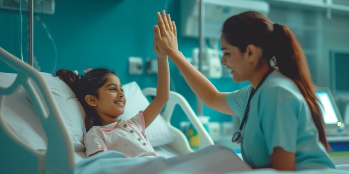 woman nurse or medical staff give a high five to little girl patient