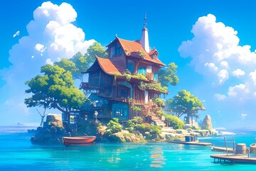 Obraz premium Scenic Artwork Of Whimsical Island With An Animeinspired House