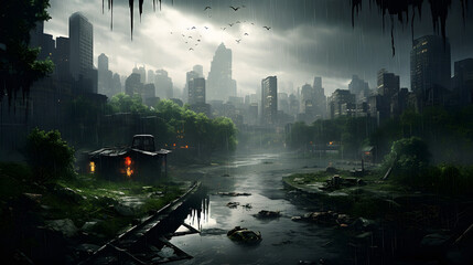 Post-apocalyptic cityscape with ruins and rain falling over them