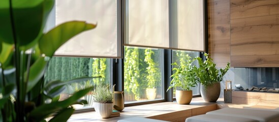 Large automatic solar shades on the window, along with wooden decor panels on the wall, green plants in hi-tech pots, and electric home curtains create a modern interior with roller blinds.