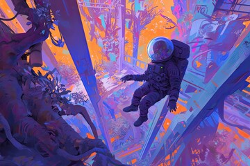 Vibrantly Animated Sketch Astronaut Exploring Colorful, Psychedelic Cityscape