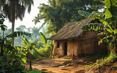 Traditional African Mud Hut Amidst a Tribal Village