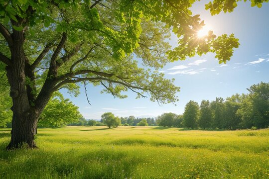 Landscape in summer with trees and meadows in bright sunshine