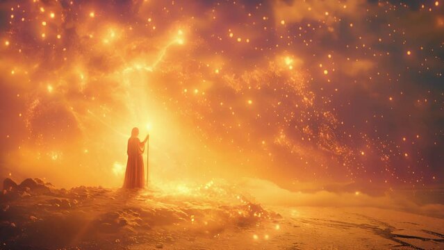 A celestial guide with a radiant aura and a scepter made of golden ink showing writers the way to their wildest ideas and most captivating stories.