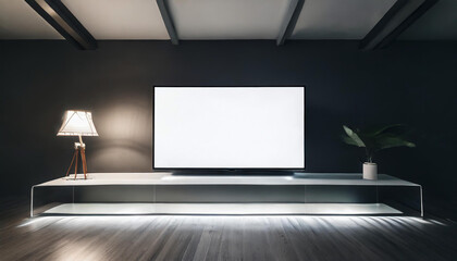 Blank white tv screen interior in darkness mockup, front view, 3d rendering. Empty telly plasma display in living room mock up. Clear smart panel monitor on glass shelf template.