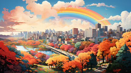 Autumnal Cityscape with Rainbow