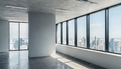 Blank white wall in concrete office with large windows Mockup 3D rendering