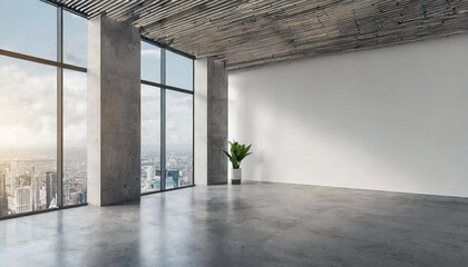 Blank white wall in concrete office with large windows Mockup 3D rendering