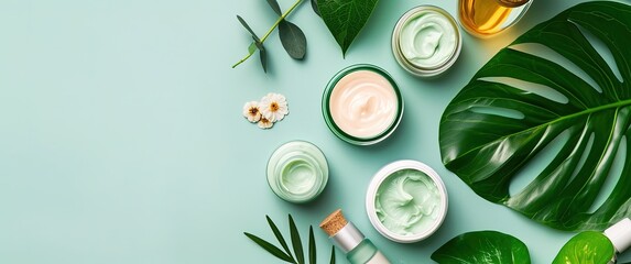 Natural skincare products with green leaves on a green background. Beauty and spa concept.