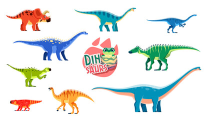Cartoon cute and funny dinosaurs characters. Paleontology extinct reptiles. Camptosaurus, Lufengosaurus, Psittacosaurus and Arrhinoceratops, Coloradisaurus, Bagaceratops dinosaur vector personages