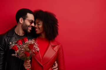 An interracial couple shares a warm embrace on Valentine's Day, their joy radiating in a light and airy space. red color background. copy space. modern love and Valentine's Day concept. 