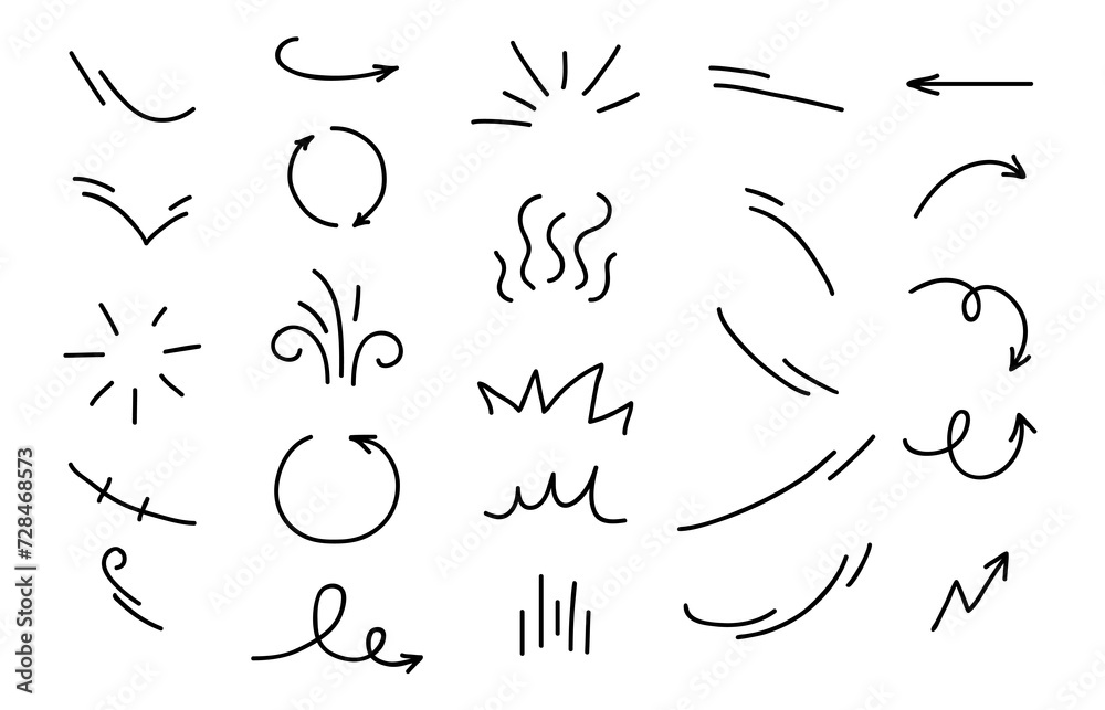 Poster movement motion lines and arrow curves for cartoon effect, vector icons. abstract symbols of wind bl