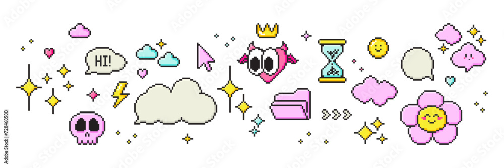 Fototapete set of pixel art speech bubbles, stars, heart and cloud shapes. retro game style dialogue box and el