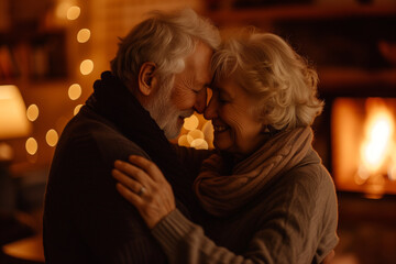An older couple dances close, eyes closed, in the warm glow of their living room, lost in a lifetime of shared moments. A tender portrait of enduring love and modern aging.